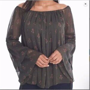 White House Black Market Olive Green Off Shoulder Floral Gauzy Boho Blouse